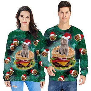 3D Graphic Pullover Sweater Unisex Christmas Funny Burger Cat Jumper