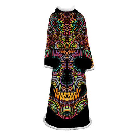 Image of 3D Digital Printed Blanket With Sleeves-Horror Skull Blanket Robe