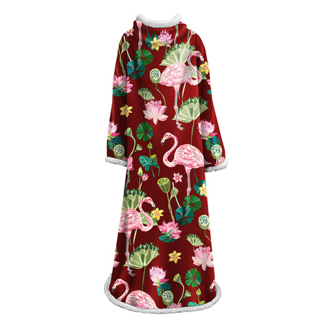 Image of 3D Digital Printed Blanket With Sleeves-Flamingo Blanket Robe