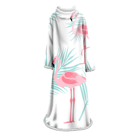 Image of 3D Digital Printed Blanket With Sleeves-Flamingo Blanket Robe