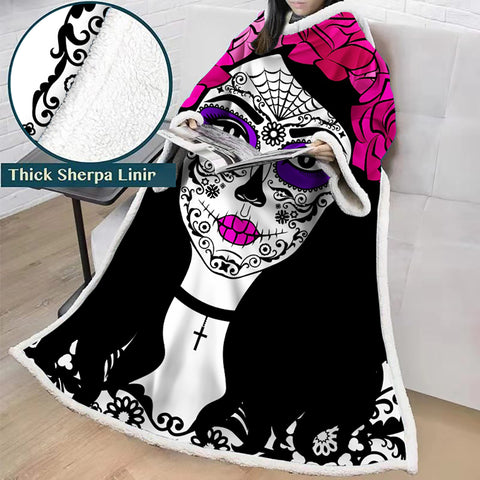 Image of 3D Digital Printed Blanket With Sleeves-Horror Skull Blanket Robe