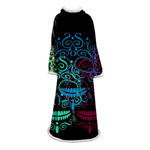 Image of 3D Digital Printed Blanket With Sleeves-Horror Skull Blanket Robe