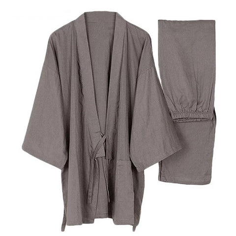 Image of Vintage Japanese Style Men Kimono Set Pajamas Pants & Tops Cotton Nightwear