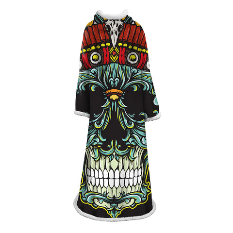 Image of 3D Digital Printed Blanket With Sleeves-Horror Skull Blanket Robe