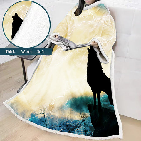 Image of 3D Digital Printed Blanket With Sleeves-Wolf Animal Blanket Robe