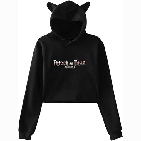 Image of Attack On Titan Printed Woman's Soft Cat Ear Drawsting Long sleeve Crop Top Hoodie