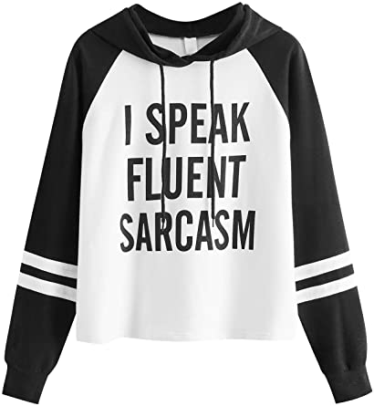 Image of I Speak Fluent Sarcasm Women's Long Sleeve Hooded Letter Print Pullover Sweatshirt