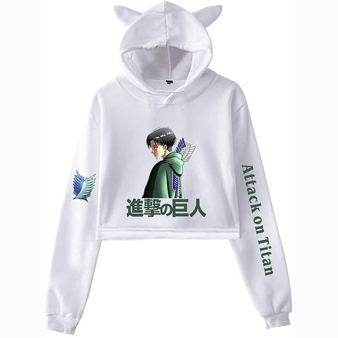 Image of New Anime Attack on Titan Crop Top Hoodie Sweatshirt Cute Women Teen Girls Cat Ear Cropped Hoodies Pullovers Blouses