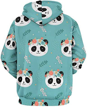 Unisex 3D Cute Panda Heads With Flower Crown Hoodie Pullover Long Sleeve Hooded Sweatshirts with Big Pockets