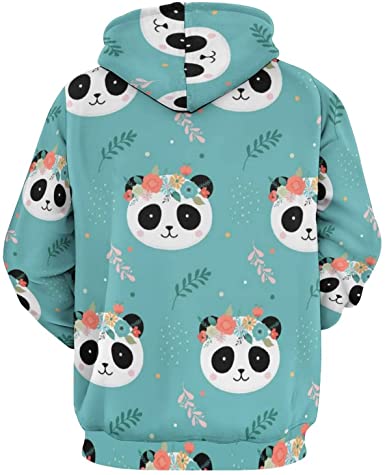 Image of Unisex 3D Cute Panda Heads With Flower Crown Hoodie Pullover Long Sleeve Hooded Sweatshirts with Big Pockets