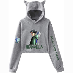 New Anime Attack on Titan Crop Top Hoodie Sweatshirt Cute Women Teen Girls Cat Ear Cropped Hoodies Pullovers Blouses