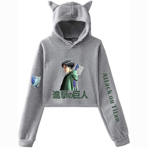 Image of New Anime Attack on Titan Crop Top Hoodie Sweatshirt Cute Women Teen Girls Cat Ear Cropped Hoodies Pullovers Blouses