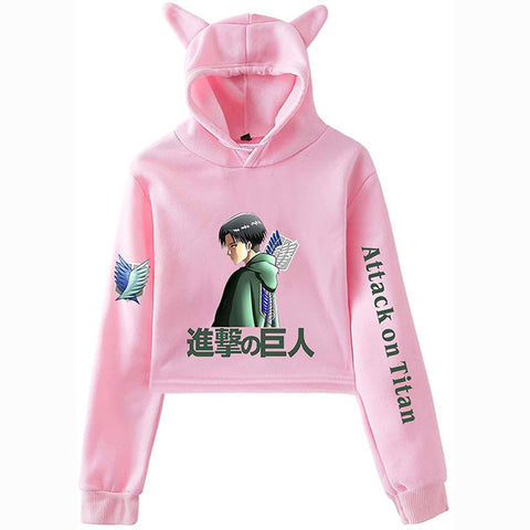 Image of New Anime Attack on Titan Crop Top Hoodie Sweatshirt Cute Women Teen Girls Cat Ear Cropped Hoodies Pullovers Blouses