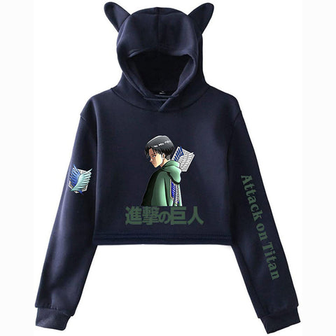 Image of New Anime Attack on Titan Crop Top Hoodie Sweatshirt Cute Women Teen Girls Cat Ear Cropped Hoodies Pullovers Blouses