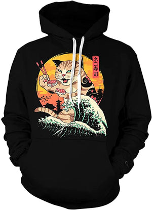 Unisex Funny Sushi Cat Graphic Casual Hooded Sweatshirts