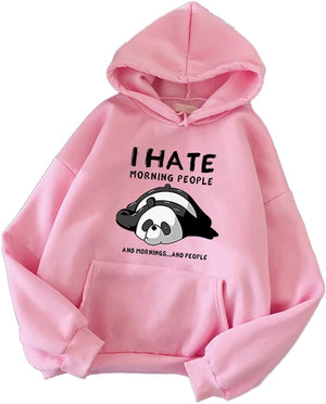 Women's Juniors Cute Panda Hooded Sweatshirts Funny I Hate Morning People Long Sleeve Hoodie Pullover Tops