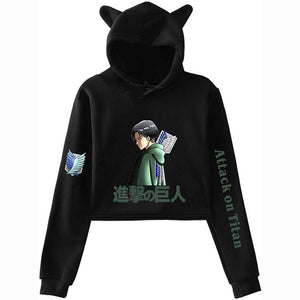 New Anime Attack on Titan Crop Top Hoodie Sweatshirt Cute Women Teen Girls Cat Ear Cropped Hoodies Pullovers Blouses