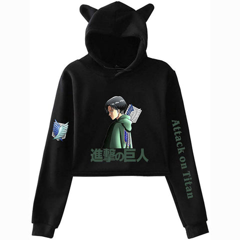 Image of New Anime Attack on Titan Crop Top Hoodie Sweatshirt Cute Women Teen Girls Cat Ear Cropped Hoodies Pullovers Blouses