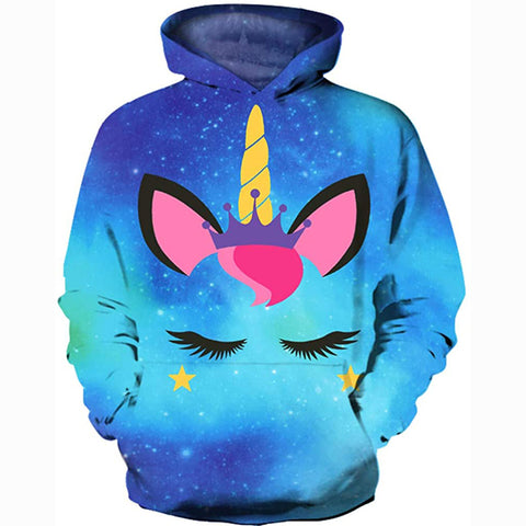 Image of 3D Print Realistic Blue Galaxy Unicorn Face Pullover Hoodie Hooded Sweatshirt for Kids