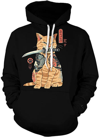 Image of Unisex Funny Samurai Cat Graphic Casual Hooded Sweatshirts