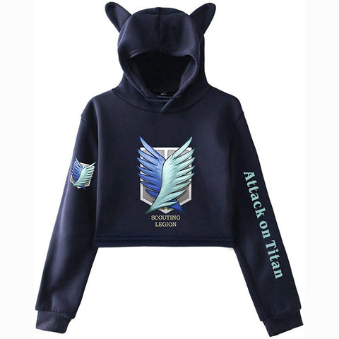 Image of New Attack on Titan Crop Top Hoodie Sweatshirt Women Teen Girls Streetwear Manga Cosplay Cat Ear Cropped Hoodies Top