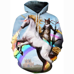 Funny Unicorn Cat Rainbow 3D Print Realistic Pullover Hoodie Hooded Sweatshirt
