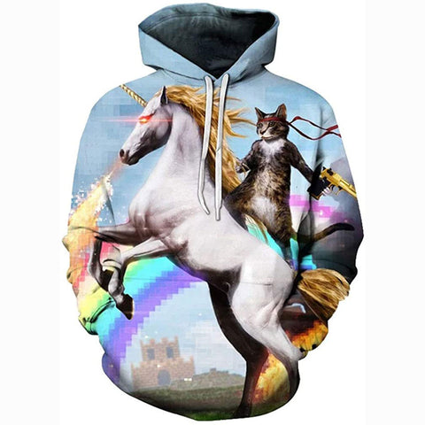Image of Funny Unicorn Cat Rainbow 3D Print Realistic Pullover Hoodie Hooded Sweatshirt