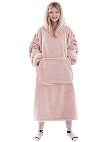 Image of His-and-Hers Sleeves-Cute Long Flannel Plush Wearable Hooded Blanket