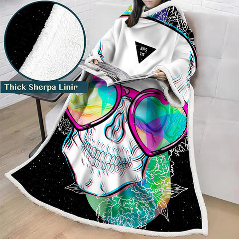 Image of 3D Digital Printed Blanket With Sleeves-Horror Skull Blanket Robe