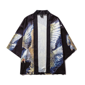 Eagle Printed Men Summer Loose Cotton Kimono Cool Jacket Streetwear