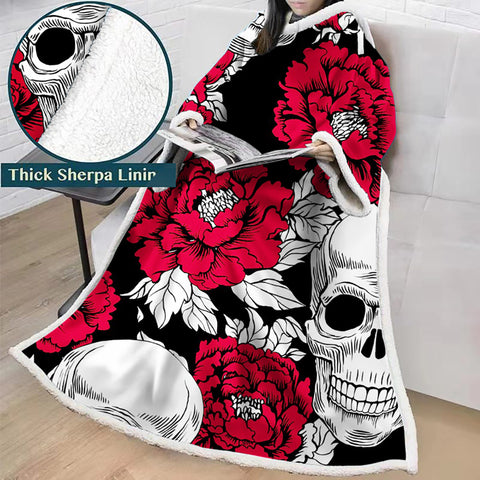 Image of 3D Digital Printed Blanket With Sleeves-Horror Skull Blanket Robe