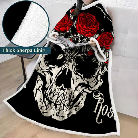 Image of 3D Digital Printed Blanket With Sleeves-Horror Skull Blanket Robe