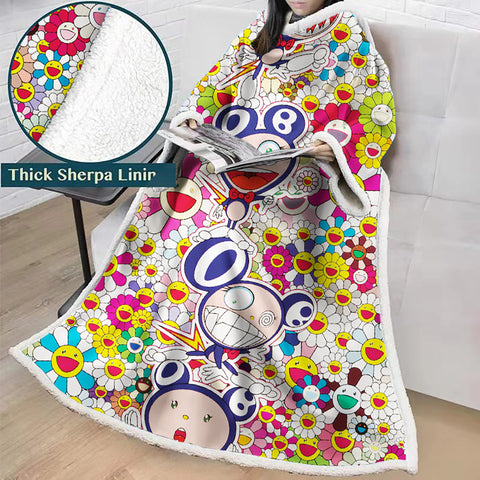 Image of 3D Digital Flower Printed Blanket With Sleeves-Cute Cartoon Blanket Robe