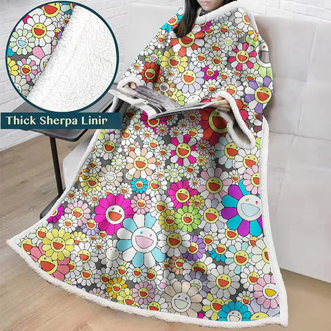 Image of 3D Digital Flower Printed Blanket With Sleeves-Cute Cartoon Blanket Robe