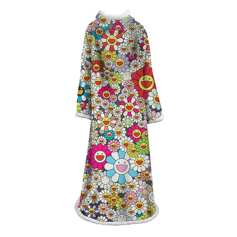 Image of 3D Digital Flower Printed Blanket With Sleeves-Cute Cartoon Blanket Robe