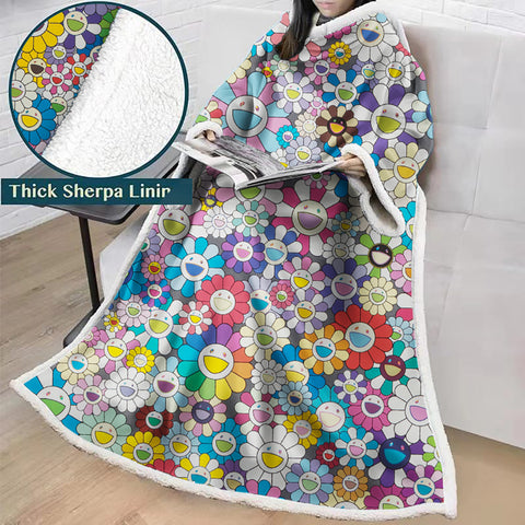 Image of 3D Digital Flower Printed Blanket With Sleeves-Cute Cartoon Blanket Robe