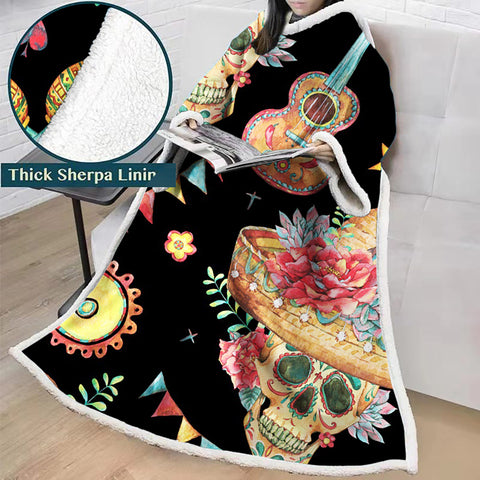 Image of 3D Digital Printed Blanket With Sleeves-Horror Skull Blanket Robe