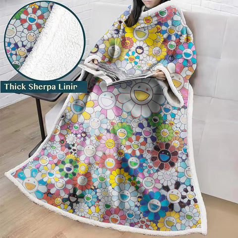 Image of 3D Digital Flower Printed Blanket With Sleeves-Cute Cartoon Blanket Robe