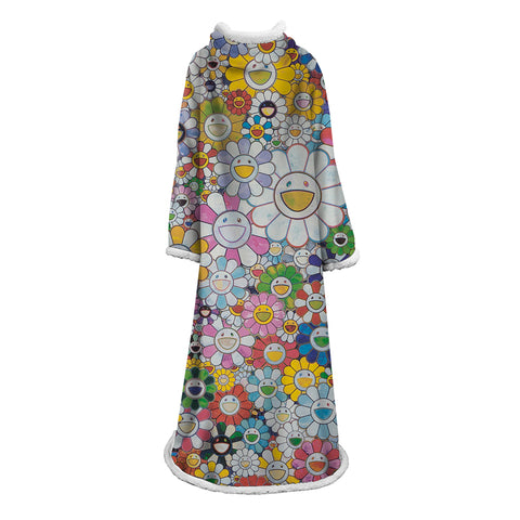 Image of 3D Digital Flower Printed Blanket With Sleeves-Cute Cartoon Blanket Robe