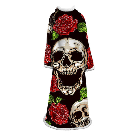 Image of 3D Digital Printed Blanket With Sleeves-Horror Skull Blanket Robe