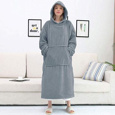 Image of His-and-Hers Sleeves-Cute Long Flannel Plush Wearable Hooded Blanket