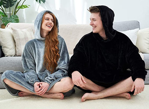 Image of His-and-Hers Sleeves-Cute Long Flannel Plush Wearable Hooded Blanket