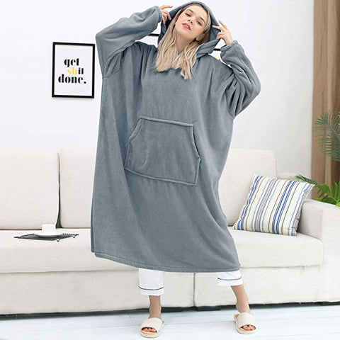 Image of His-and-Hers Sleeves-Cute Long Flannel Plush Wearable Hooded Blanket