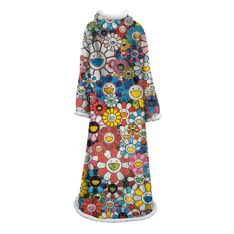 Image of 3D Digital Flower Printed Blanket With Sleeves-Cute Cartoon Blanket Robe