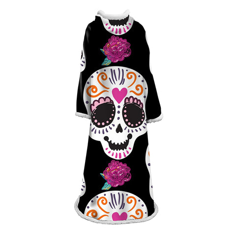 Image of 3D Digital Printed Blanket With Sleeves-Horror Skull Blanket Robe