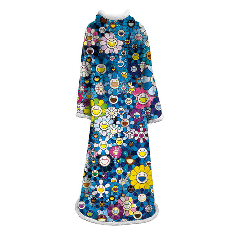 Image of 3D Digital Flower Printed Blanket With Sleeves-Cute Cartoon Blanket Robe