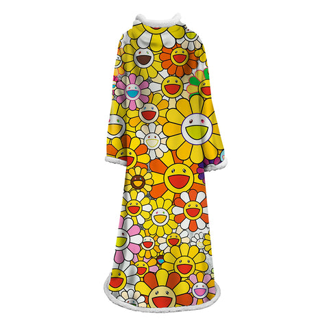 Image of 3D Digital Flower Printed Blanket With Sleeves-Cute Cartoon Blanket Robe