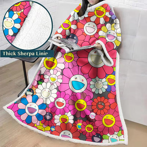 Image of 3D Digital Flower Printed Blanket With Sleeves-Cute Cartoon Blanket Robe