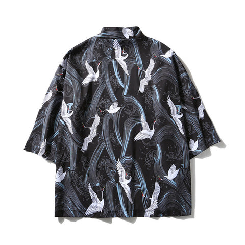 Image of Japanese Style Spring Summer Men white crane printed Kimono Cardigan Jackets Short sleeve Casual Streetwear Loose Outwear