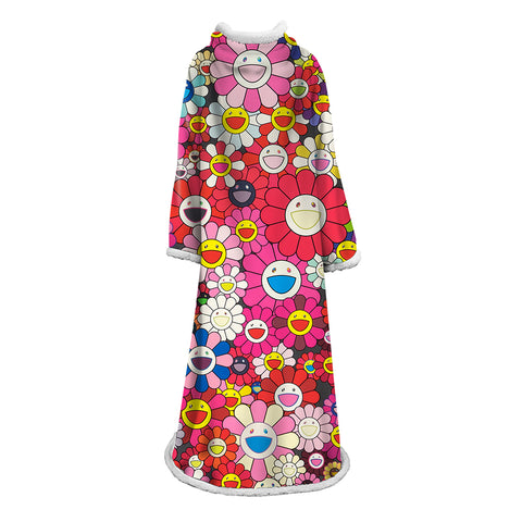 Image of 3D Digital Flower Printed Blanket With Sleeves-Cute Cartoon Blanket Robe